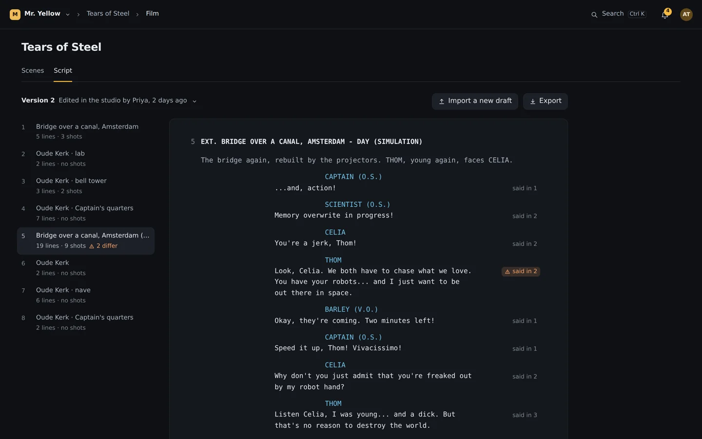The script editor: scenes beside the screenplay page, with how many takes differ from the script